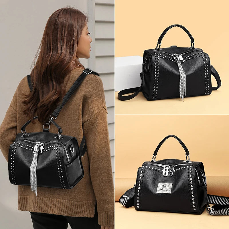 Luxury Brand Women Leather Handbags Fashion Rivet Tassels Women Bag Black Crossbody Bags 2021 soft Leather Shoulder Bag Women