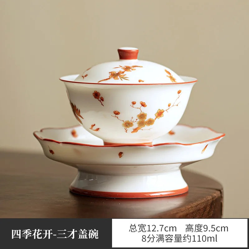 Luxury Ceramic Tea Tureen Chinese Kung Fu Teaware Teacups Set High End Porcelain Handmade Sancai Gaiwan Elegant Tea Bowl Cups