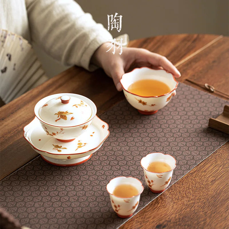 Luxury Ceramic Tea Tureen Chinese Kung Fu Teaware Teacups Set High End Porcelain Handmade Sancai Gaiwan Elegant Tea Bowl Cups