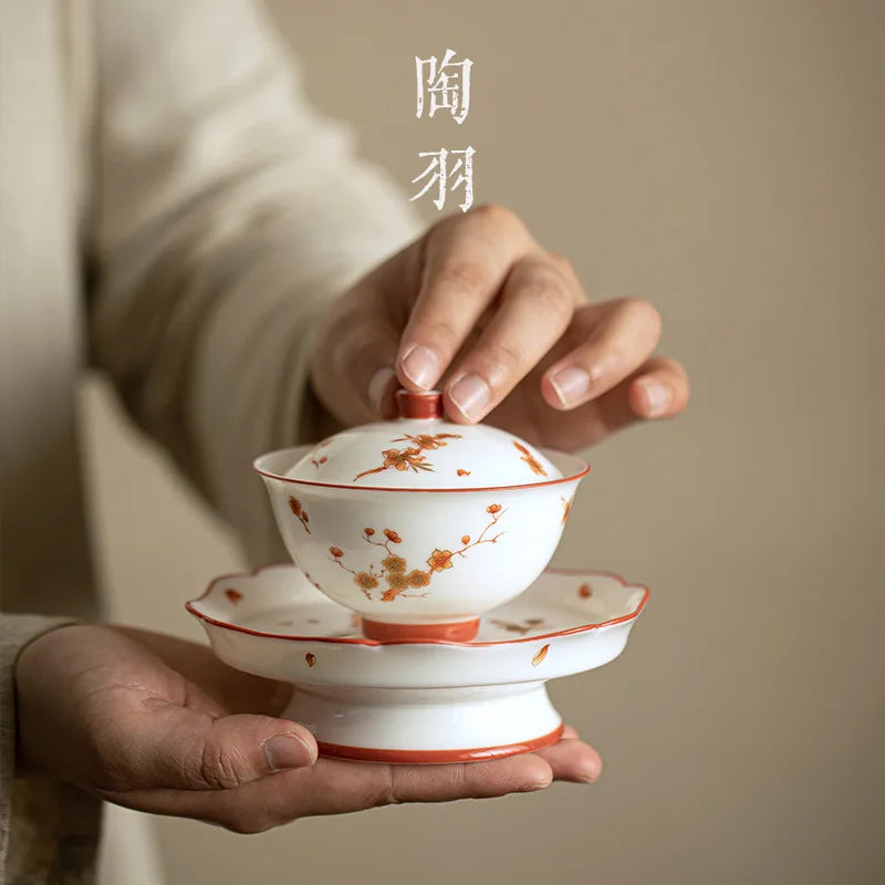 Luxury Ceramic Tea Tureen Chinese Kung Fu Teaware Teacups Set High End Porcelain Handmade Sancai Gaiwan Elegant Tea Bowl Cups