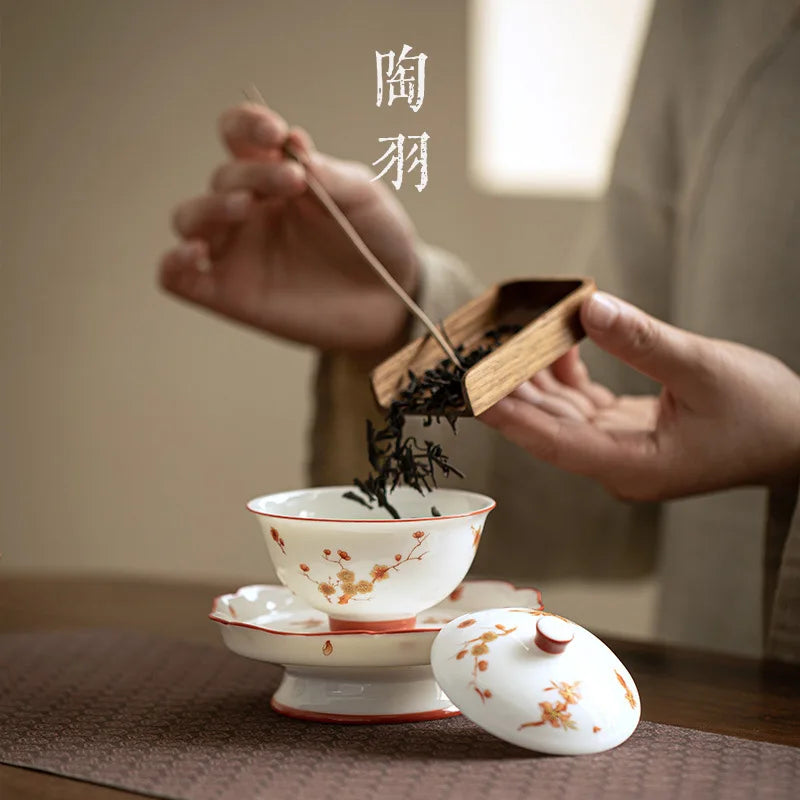 Luxury Ceramic Tea Tureen Chinese Kung Fu Teaware Teacups Set High End Porcelain Handmade Sancai Gaiwan Elegant Tea Bowl Cups