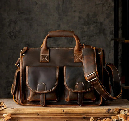Luxury Crazy Horse Cowhide Men Briefcase Fasihon Handbag Travel Retro One-Shoulder Crossbody Male Messenger Bag