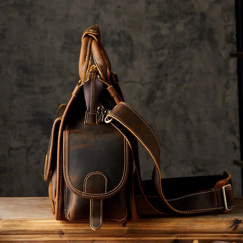 Luxury Crazy Horse Cowhide Men Briefcase Fasihon Handbag Travel Retro One-Shoulder Crossbody Male Messenger Bag