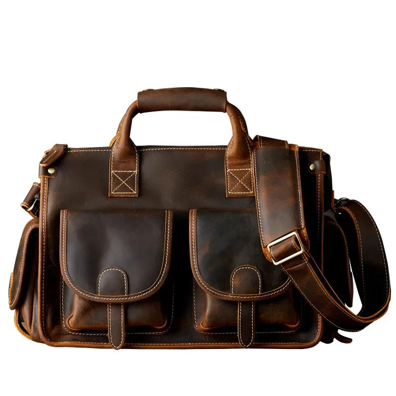 Luxury Crazy Horse Cowhide Men Briefcase Fasihon Handbag Travel Retro One-Shoulder Crossbody Male Messenger Bag