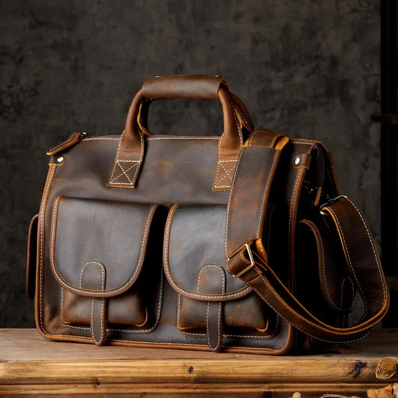 Luxury Crazy Horse Cowhide Men Briefcase Fasihon Handbag Travel Retro One-Shoulder Crossbody Male Messenger Bag