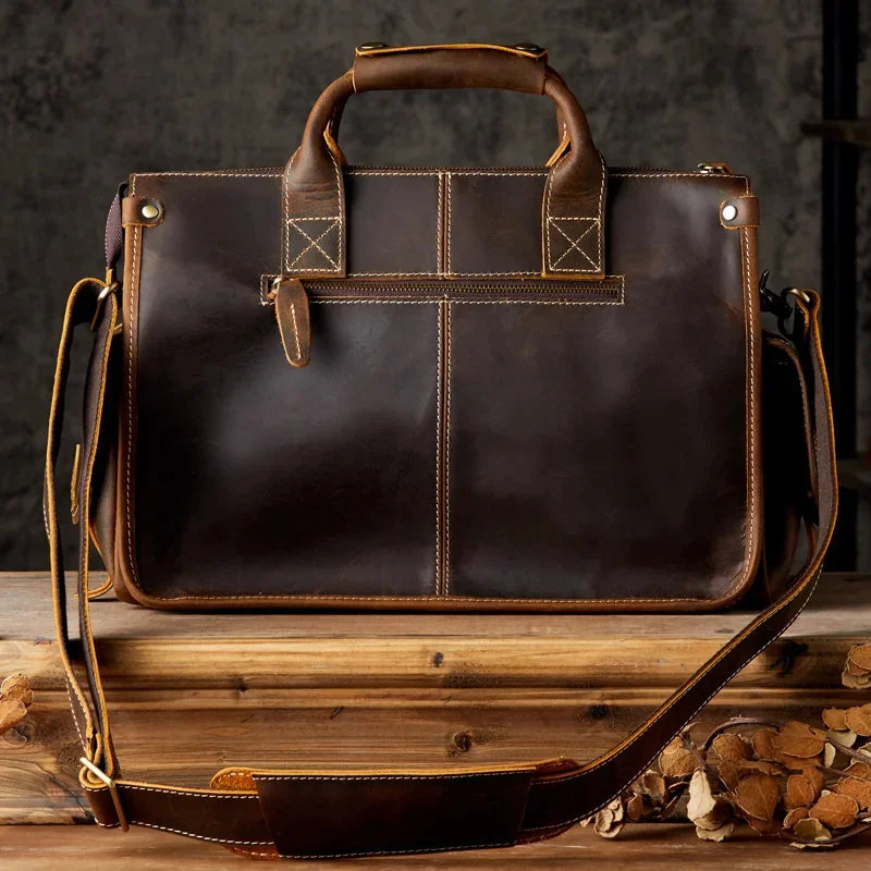 Luxury Crazy Horse Cowhide Men Briefcase Fasihon Handbag Travel Retro One-Shoulder Crossbody Male Messenger Bag