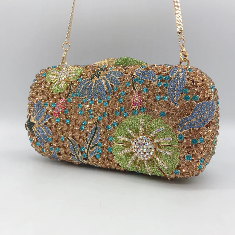 Luxury Designer Women flower Crystal Metallic Evening Bags Wedding Novelty Rhinestone Small Metallic Clutch Purses And Handbags