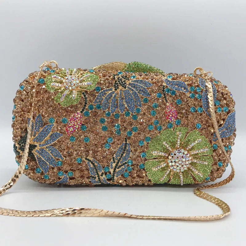 Luxury Designer Women flower Crystal Metallic Evening Bags Wedding Novelty Rhinestone Small Metallic Clutch Purses And Handbags