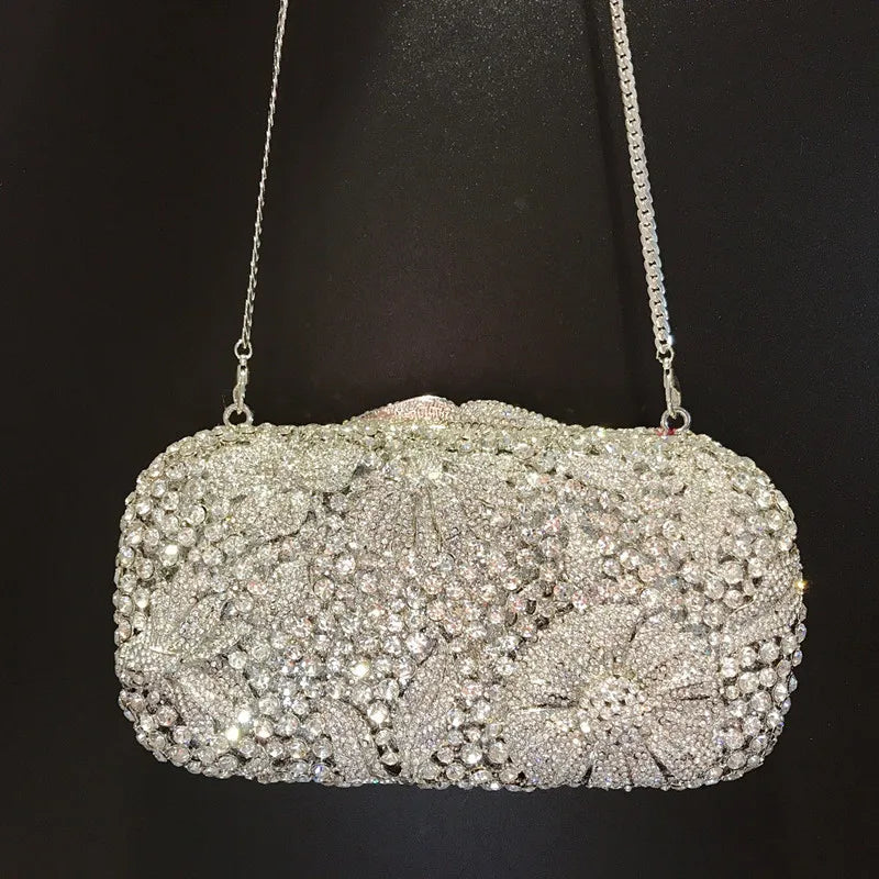 Luxury Designer Women flower Crystal Metallic Evening Bags Wedding Novelty Rhinestone Small Metallic Clutch Purses And Handbags