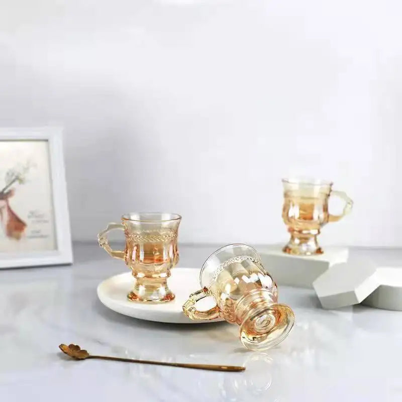 Luxury Embossed Glass Coffee Cup European Retro Style Thickened Teacup Household Breakfast Milk Mug Mini Cup 135ML