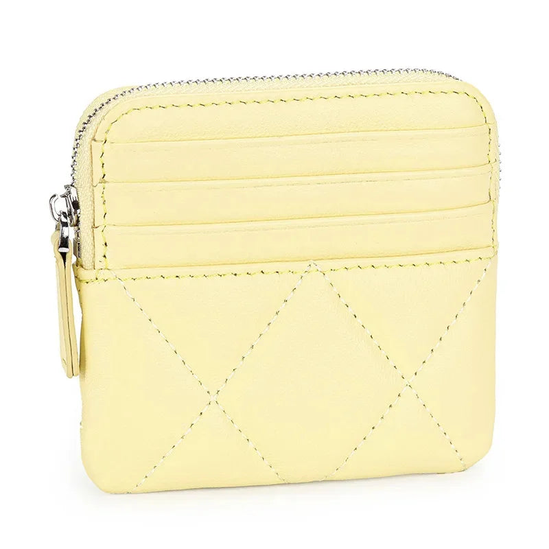 Luxury Embroidery Sheepskin Female Short Wallet Brand Check Thread Genuine Leather Mini Zipper Card Holder Coin Purse for Women