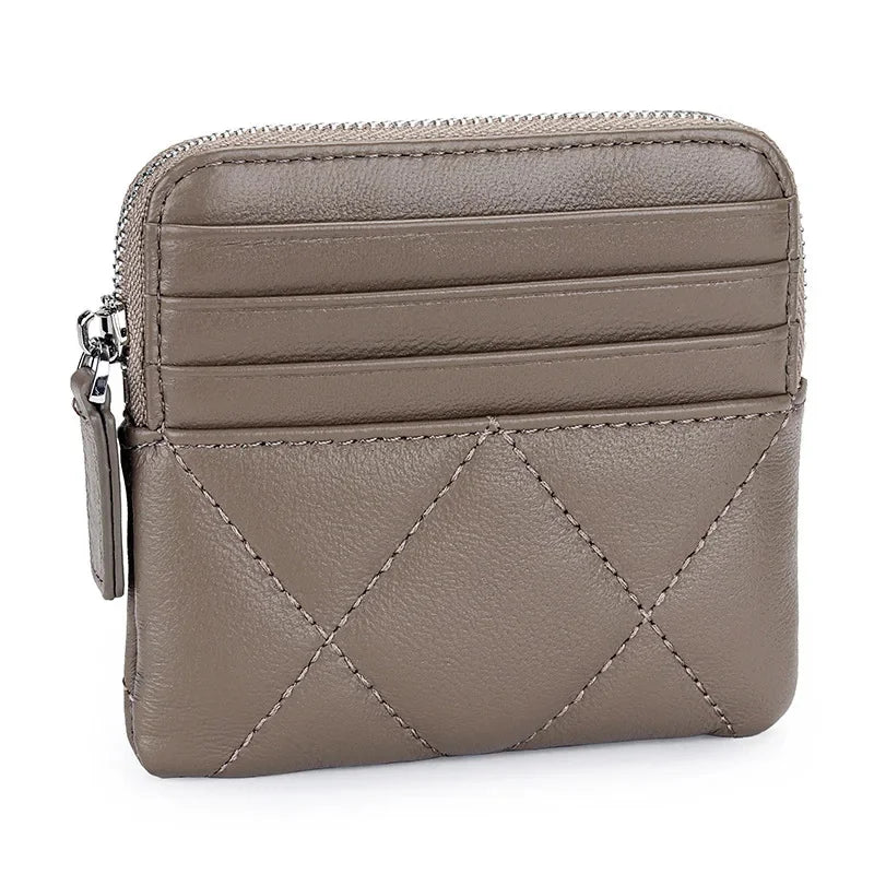 Luxury Embroidery Sheepskin Female Short Wallet Brand Check Thread Genuine Leather Mini Zipper Card Holder Coin Purse for Women