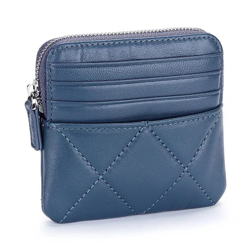 Luxury Embroidery Sheepskin Female Short Wallet Brand Check Thread Genuine Leather Mini Zipper Card Holder Coin Purse for Women