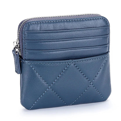 Luxury Embroidery Sheepskin Female Short Wallet Brand Check Thread Genuine Leather Mini Zipper Card Holder Coin Purse for Women