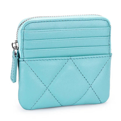 Luxury Embroidery Sheepskin Female Short Wallet Brand Check Thread Genuine Leather Mini Zipper Card Holder Coin Purse for Women