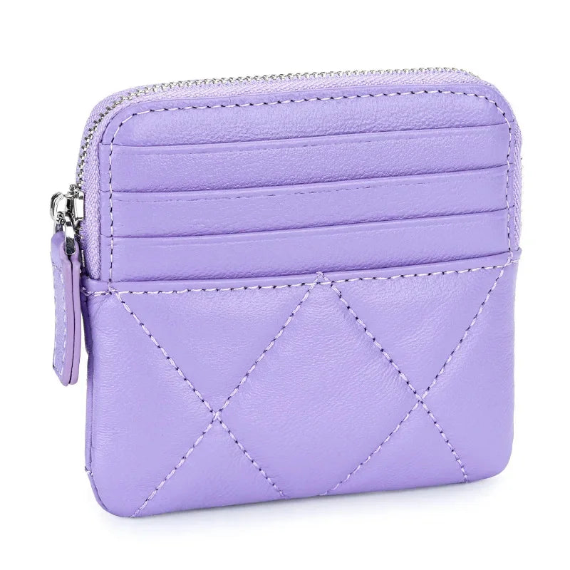 Luxury Embroidery Sheepskin Female Short Wallet Brand Check Thread Genuine Leather Mini Zipper Card Holder Coin Purse for Women