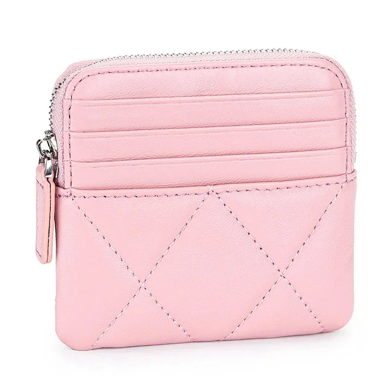 Luxury Embroidery Sheepskin Female Short Wallet Brand Check Thread Genuine Leather Mini Zipper Card Holder Coin Purse for Women