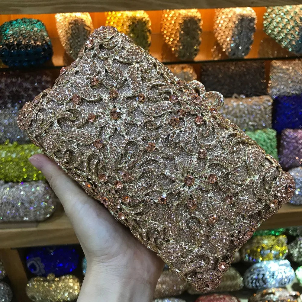 Luxury Evening Bags Gold Women Clutch Hollow Out Crystal Party Banquet Purse Dinner Bags Fashion Ladies Handbag Shoulder Bags