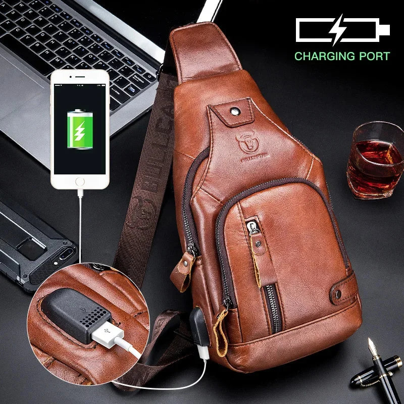 Luxury Genuine Leather Chest Leisure Fashion Crossbody 100% Cowhide Men's Shoulder USB Rechargeable Travel Bag