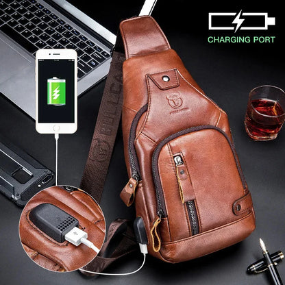 Luxury Genuine Leather Chest Leisure Fashion Crossbody 100% Cowhide Men's Shoulder USB Rechargeable Travel Bag