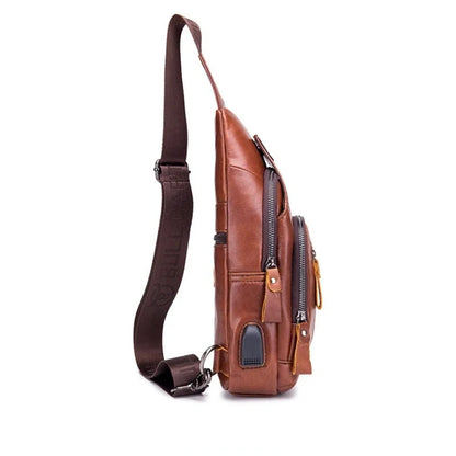Luxury Genuine Leather Chest Leisure Fashion Crossbody 100% Cowhide Men's Shoulder USB Rechargeable Travel Bag