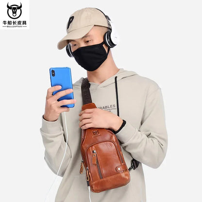 Luxury Genuine Leather Chest Leisure Fashion Crossbody 100% Cowhide Men's Shoulder USB Rechargeable Travel Bag