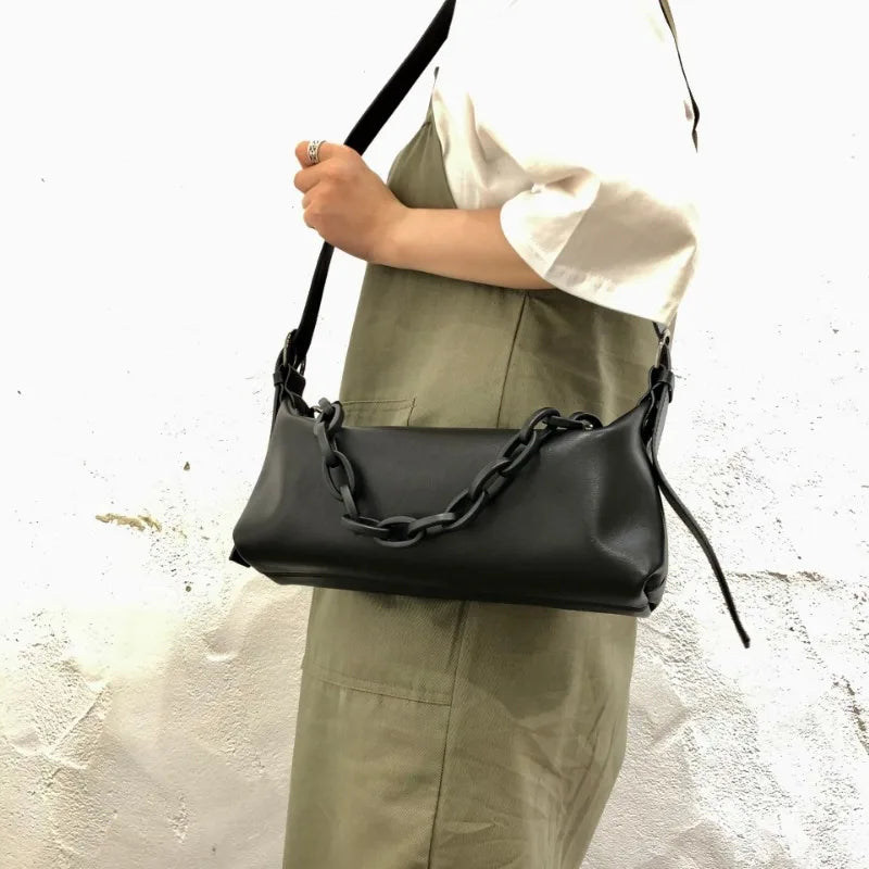Luxury Genuine Leather Cowhide Handbags Female Commuter Elegant Large Capacity Solid Underarm Shoulder Bags Vintage Chain Bolsas