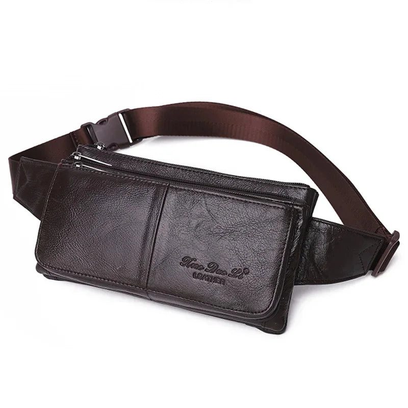 Luxury Genuine Leather Hip Bum for Men Travel Casual Cell Phone Waist Chest Pack Male Belt Bag