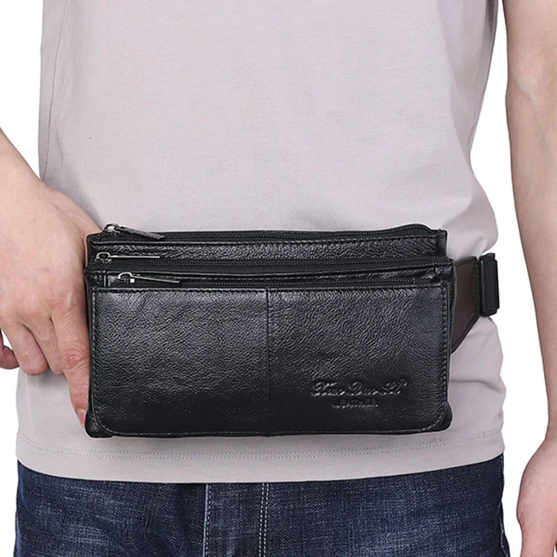 Luxury Genuine Leather Hip Bum for Men Travel Casual Cell Phone Waist Chest Pack Male Belt Bag