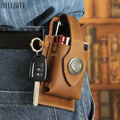 Luxury Genuine Leather Men Business Belt Bag Cell Phone Cigarette Lighter Box Outdoor Sport Waist Packs For Male