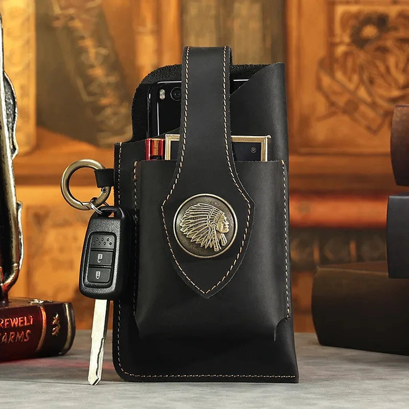 Luxury Genuine Leather Men Business Belt Bag Cell Phone Cigarette Lighter Box Outdoor Sport Waist Packs For Male