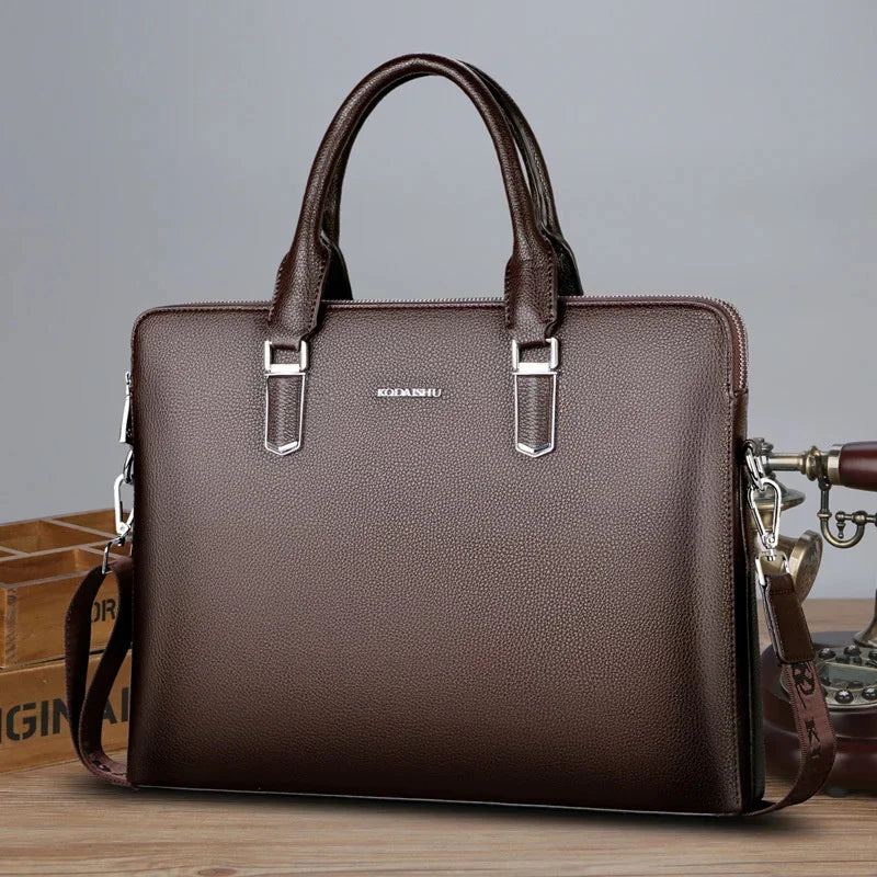 Luxury Genuine Leather Men's Briefcase Zipper Shoulder Messenger Executive Tote Hand Business Male Laptop Computer Bag
