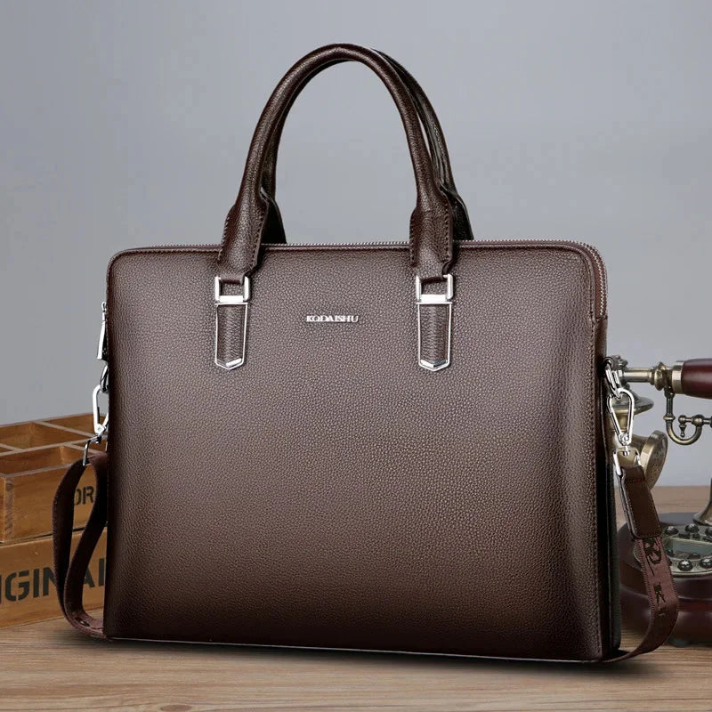 Luxury Genuine Leather Men's Briefcase Zipper Shoulder Messenger Executive Tote Hand Business Male Laptop Computer Bag