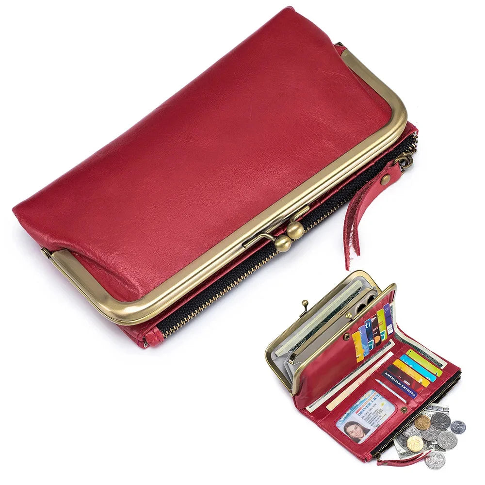 Luxury Genuine Leather Women Long Wallet Zipper Coin Purses Ladies Fold Card Holder Vintage Female Clutch Money Bag