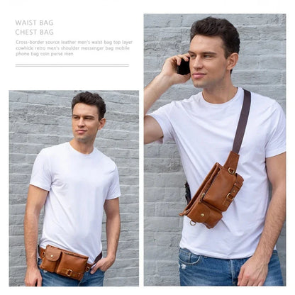 Luxury Genuine Men Pack Cowhide Leather Men's Shoulder Mobile Phone Waist Fashion Male Chest Bag