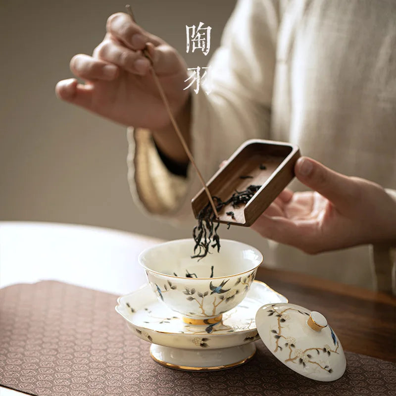 Luxury Jingdezhen Gaiwan Chinese Sancai Ceramic Teacups Handmade Teaware Tea Bowl Cups Elegant Porcerlain Tea Cup Set