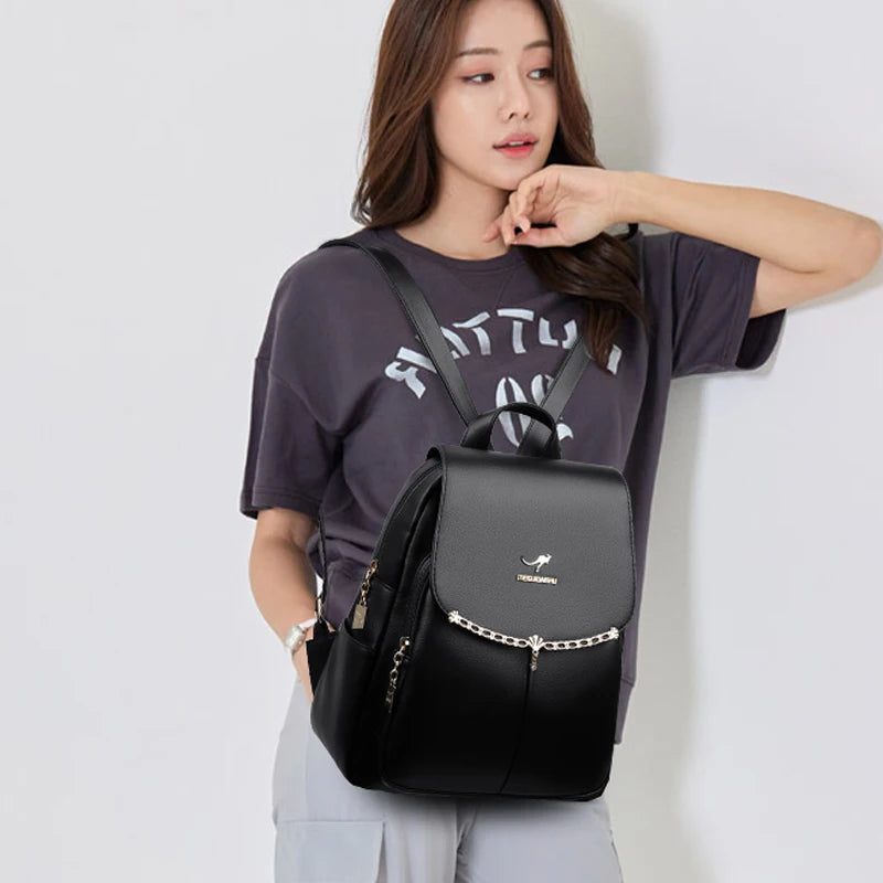 Luxury Ladies Backpack High Quality Leather 2024 Solid Color Women Shoulder Bags Designer Large Capacity Travel Bagpack рюкзак