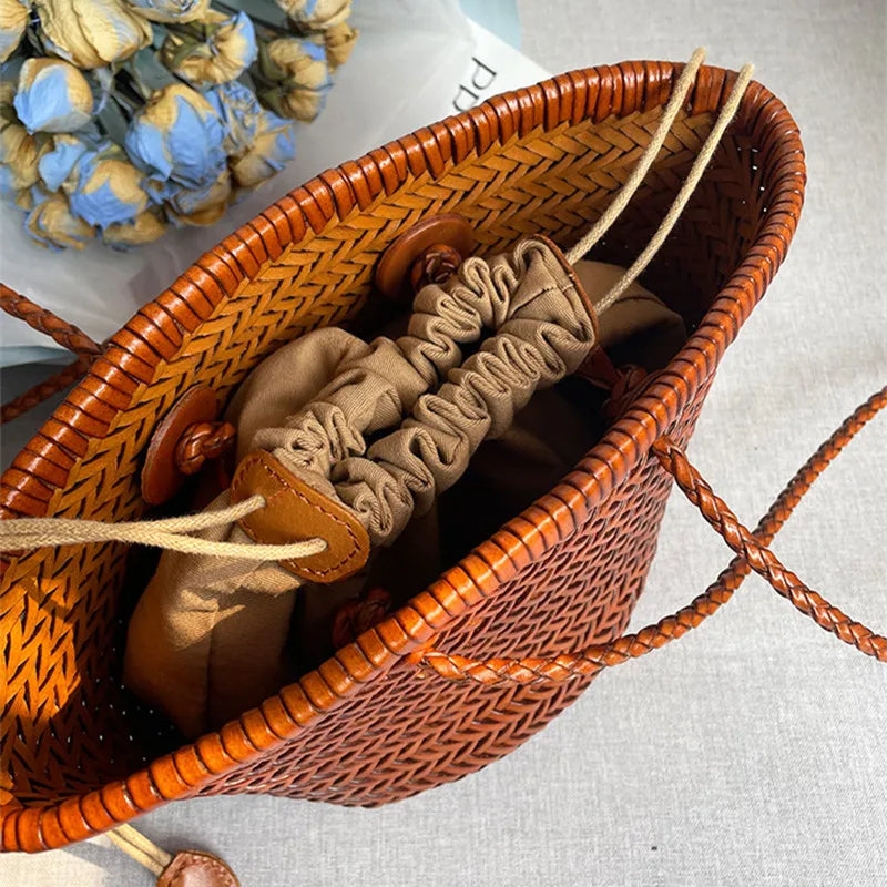 Luxury Ladies Weave Bucket Bag Soft Leather Crossbody Shopping Shoulder Bags 2024 Fashion Female Handbag Purse Lady Hobo Bag