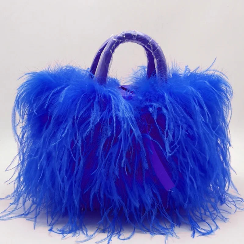 Luxury Lady Shoulder Bag blue Ostrich Feather Handbag Exquisite Evening Clutch Bag Banquet Wedding Purse for Women Girl