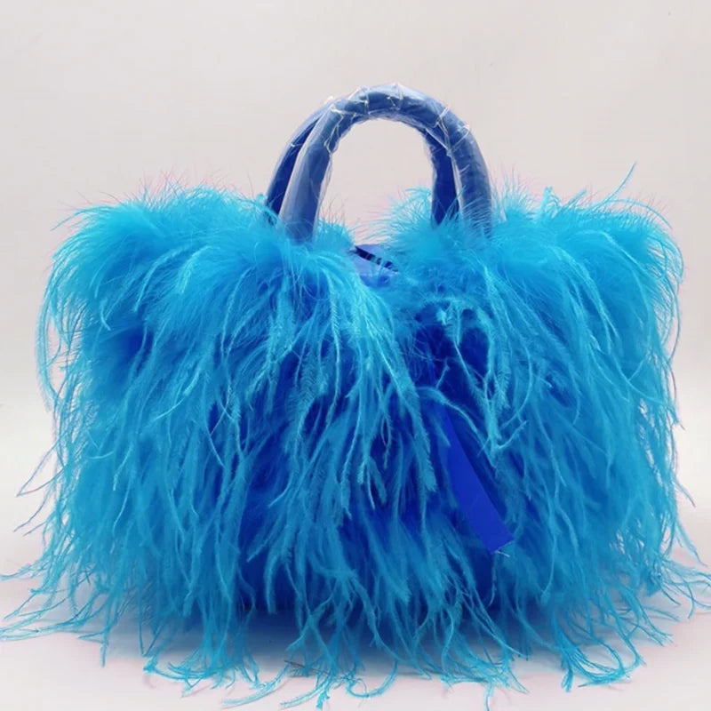 Luxury Lady Shoulder Bag blue Ostrich Feather Handbag Exquisite Evening Clutch Bag Banquet Wedding Purse for Women Girl