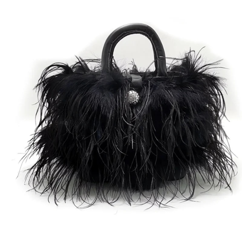 Luxury Lady Shoulder Bag blue Ostrich Feather Handbag Exquisite Evening Clutch Bag Banquet Wedding Purse for Women Girl