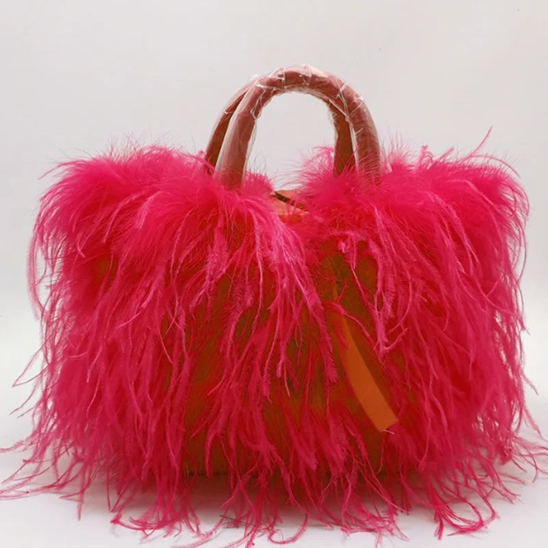 Luxury Lady Shoulder Bag blue Ostrich Feather Handbag Exquisite Evening Clutch Bag Banquet Wedding Purse for Women Girl