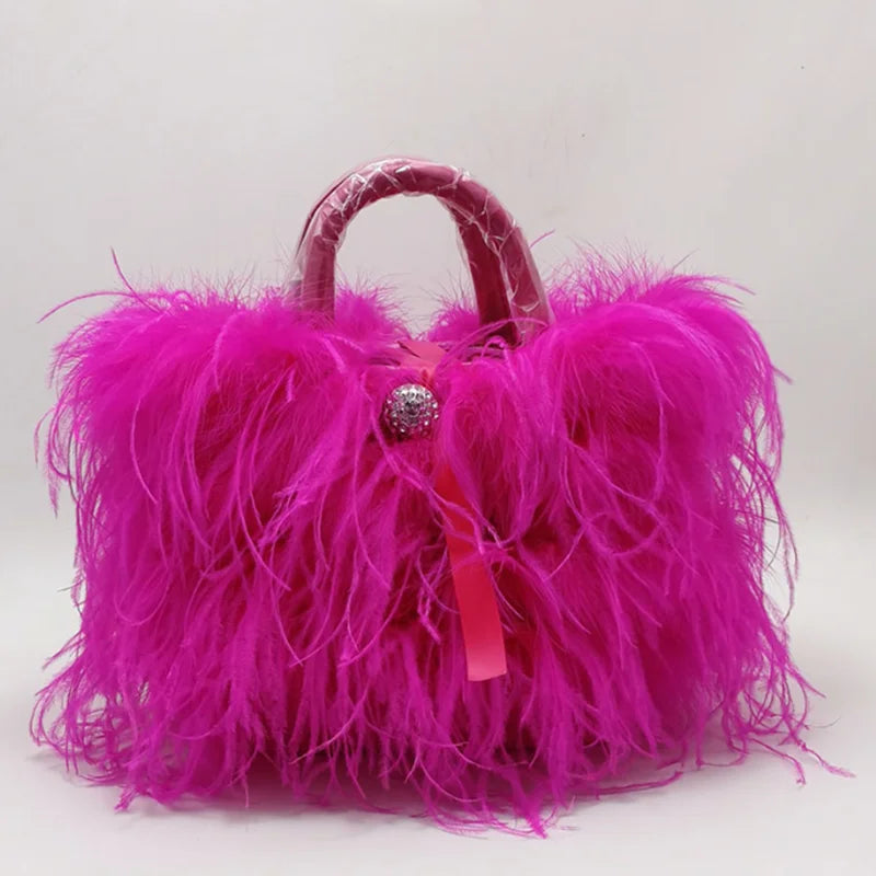Luxury Lady Shoulder Bag blue Ostrich Feather Handbag Exquisite Evening Clutch Bag Banquet Wedding Purse for Women Girl