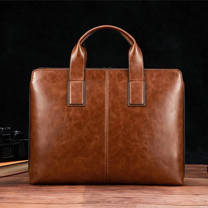 Luxury Leather Men's Briefcases Business Handbag Vintage Male Shoulder Messenger Large Capacity Laptop Bag