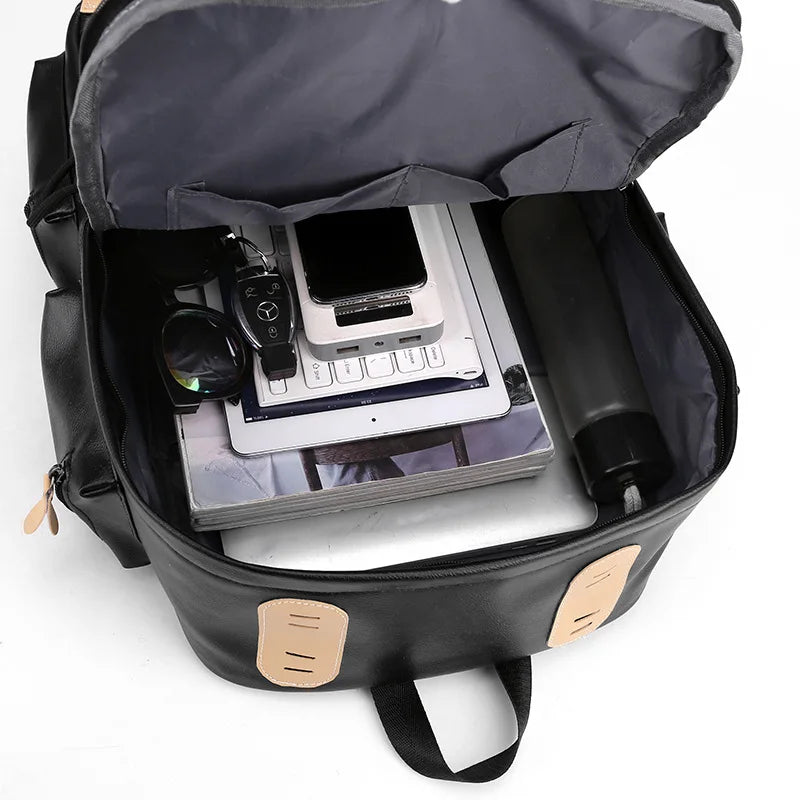 Luxury Men Bags Junior High School Student Backpacks Japanese Style Large Travel Pack PU Leather Laptop College Boys School Bags