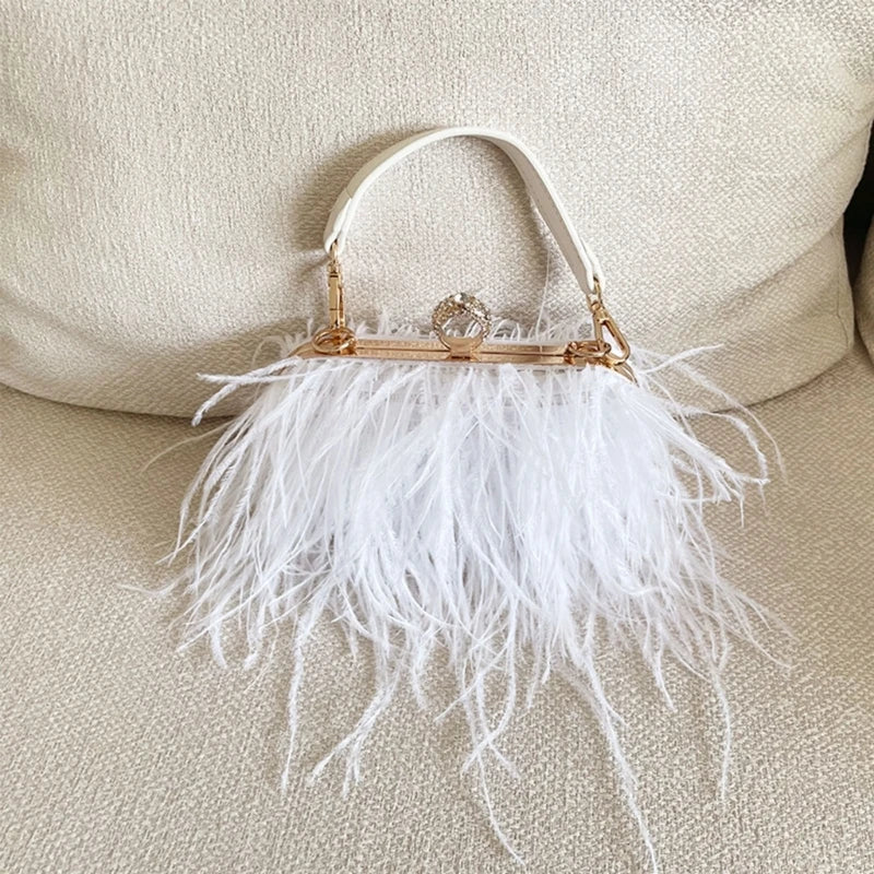 Luxury Ostrich Feather Handbag for Women Girls Plush-Crossbody Bag Wedding Purses Handbag All-match Evening Clutch Bag