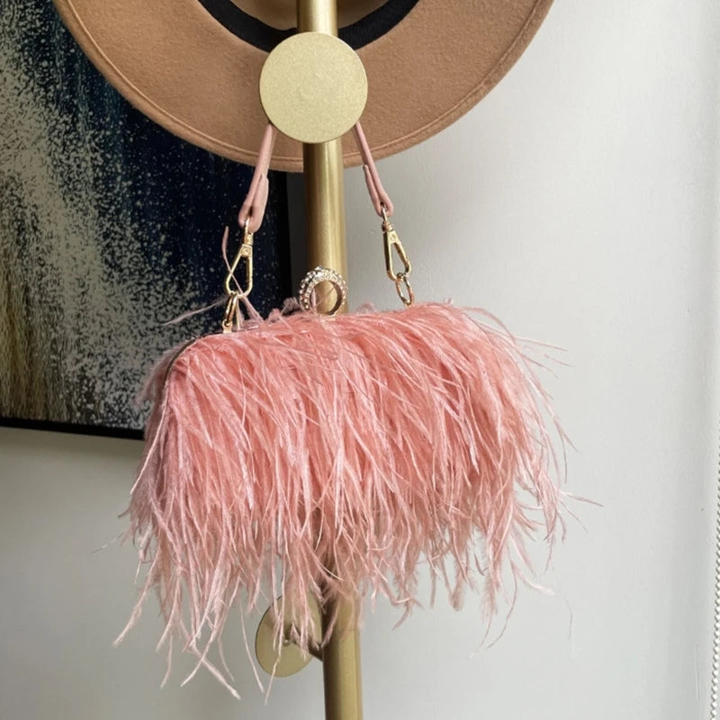 Luxury Ostrich Feather Handbag for Women Girls Plush-Crossbody Bag Wedding Purses Handbag All-match Evening Clutch Bag