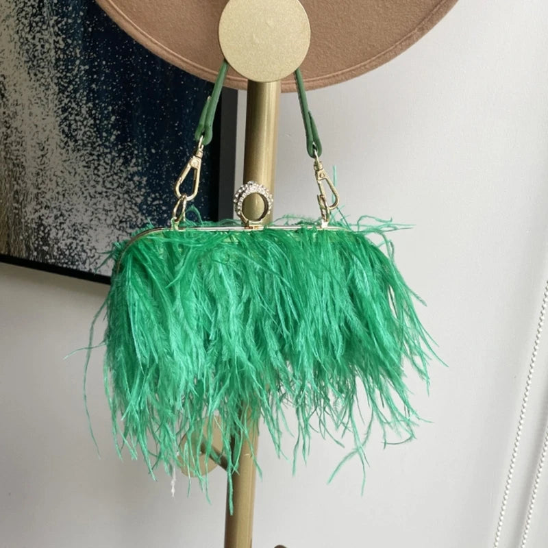 Luxury Ostrich Feather Handbag for Women Girls Plush-Crossbody Bag Wedding Purses Handbag All-match Evening Clutch Bag