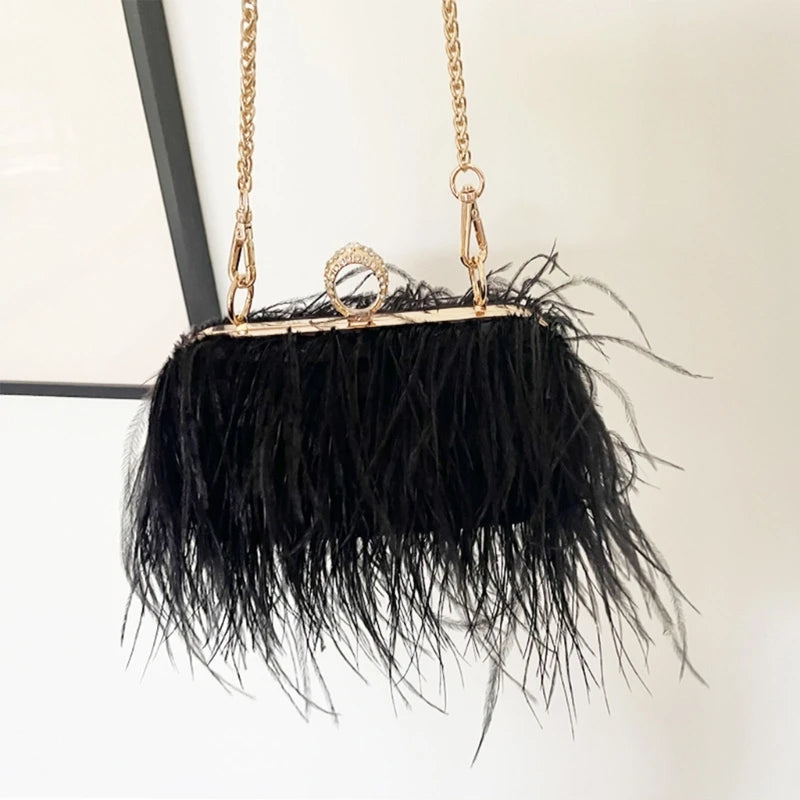 Luxury Ostrich Feather Handbag for Women Girls Plush-Crossbody Bag Wedding Purses Handbag All-match Evening Clutch Bag