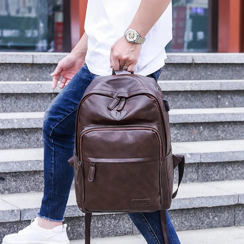 Luxury PU Leather Men's Fashion USB Charging Student School Business Man Laptop Bag Waterproof Travel Backpack